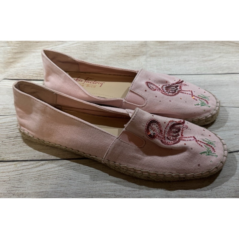 Quacker Factory Pink Canvas Slip On Espadrille Shoes w Sequined Flamingo 10M GOH